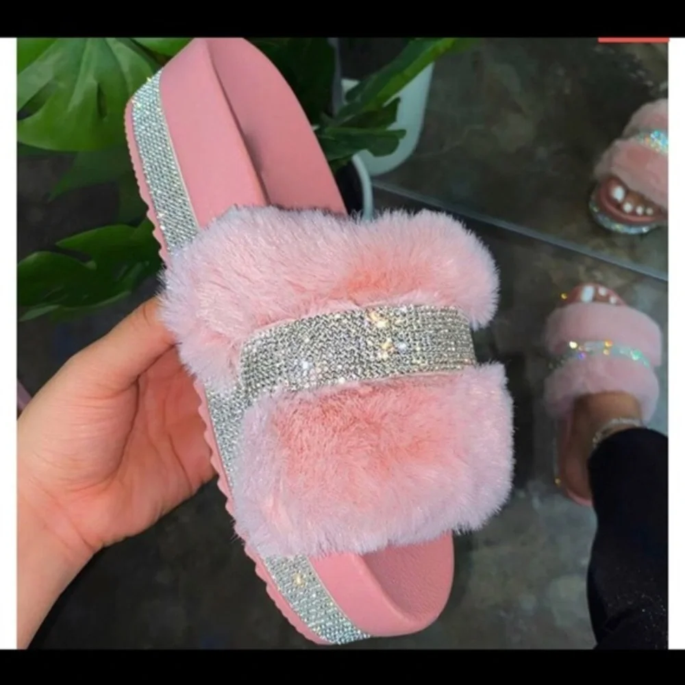 Rhinestone Fur Sandal Slide Summer sandals